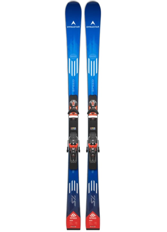 A pair of blue Dynastar Speed Omeglass Master SL skis with R22 race plates and black and red Look bindings, shown from a top-down perspective against a white background.